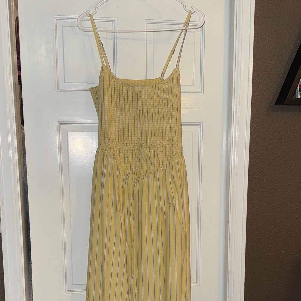 Dipped Waist-Smocked Midi Yellow Striped Dress